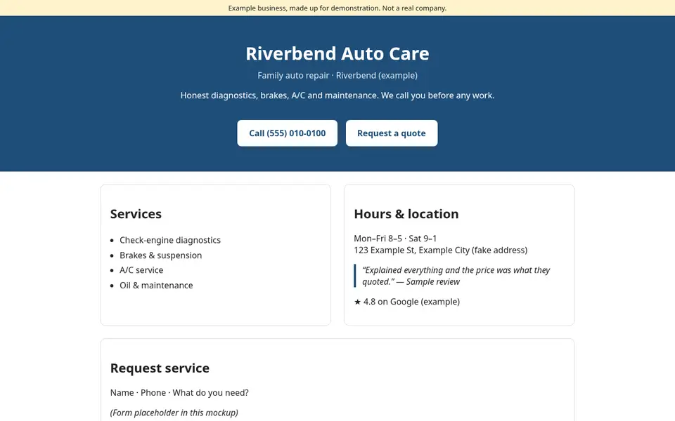 After: Upglow version of the Riverbend Auto Care sample site, a made-up business