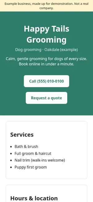 Sample mobile website for Happy Tails Grooming, a made-up example business