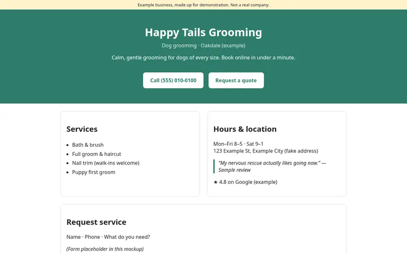 Screenshot of a sample one-page website for Happy Tails Grooming, a made-up dog grooming business
