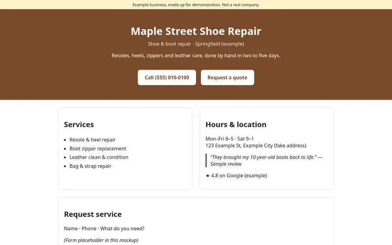 Screenshot of a sample one-page website for Maple Street Shoe Repair, a made-up shoe repair business